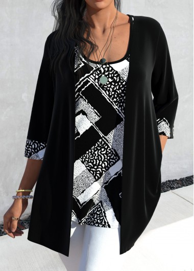 ROTITA Geometric Print Black Scoop Neck Tank Top and Cardigan