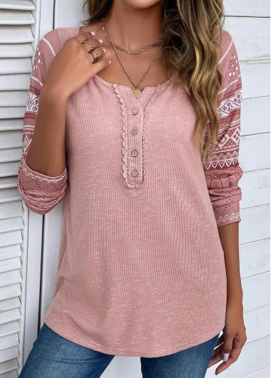 ROTITA Lace Tribal Print Pink Round Neck T Shirt