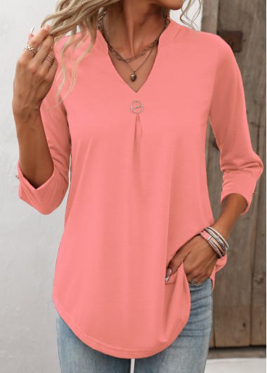 Circular Ring Pink Split Neck T Shirt