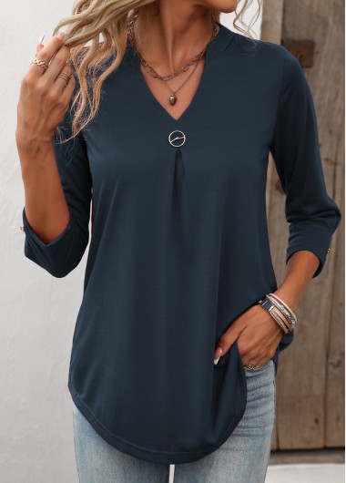 Circular Ring Navy Split Neck T Shirt