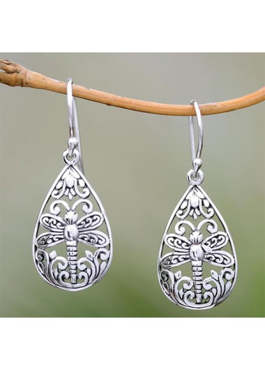 Oval Dragonfly Hollow Design Silver Earrings