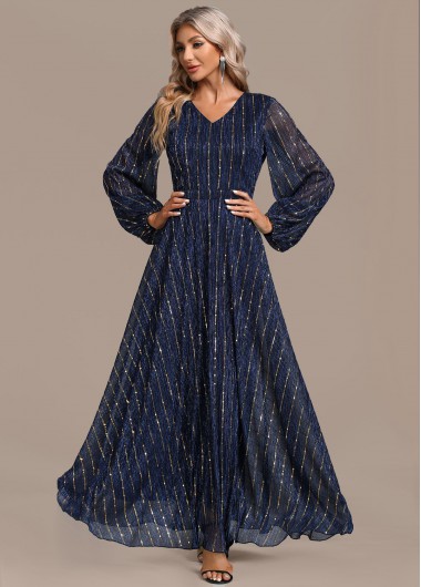 ROTITA Hot Stamping Navy V Neck Maxi Dress