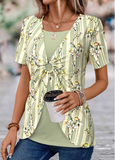 ROTITA Patchwork Floral Print Light Green T Shirt