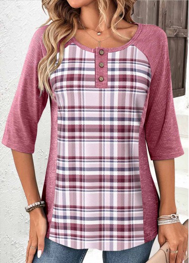 ROTITA Patchwork Plaid Pink Scoop Neck T Shirt