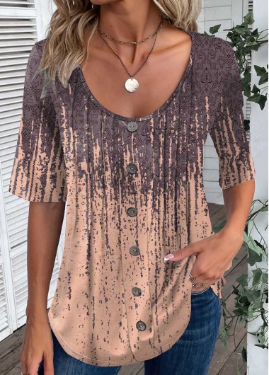 ROTITA Button Tribal Print Dusty Pink T Shirt