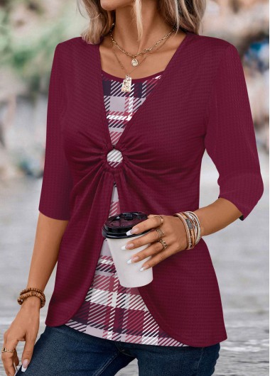ROTITA Circular Ring Plaid Wine Red T Shirt