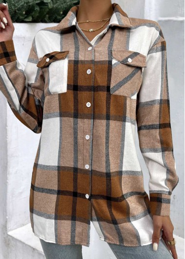 ROTITA Button Plaid Light Coffee Shirt Collar Blouse