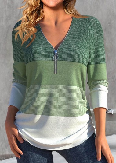 ROTITA Zipper Striped Sage Green V Neck T Shirt