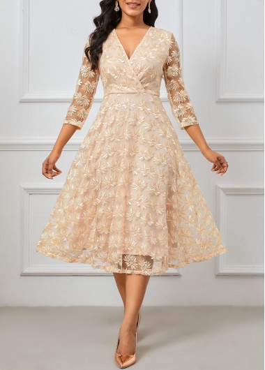 ROTITA Embroidery Champagne V Neck Three Quarter Length Sleeve Dress