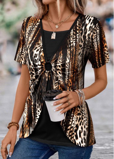 ROTITA Fake 2in1 Leopard Dark Coffee T Shirt