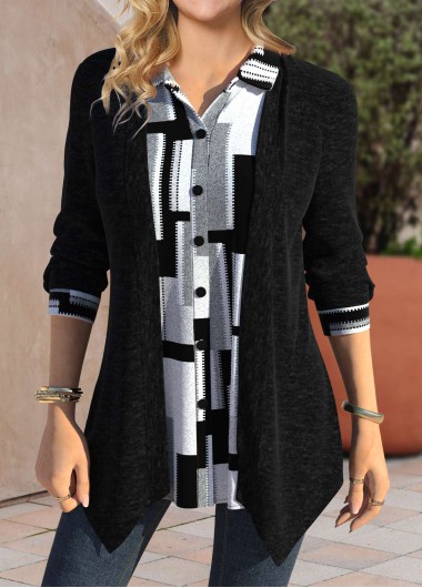 ROTITA Patchwork Geometric Print Black Shirt Collar Blouse