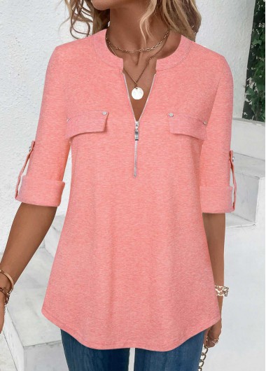 ROTITA Zipper Pink Round Neck Long Sleeve T Shirt