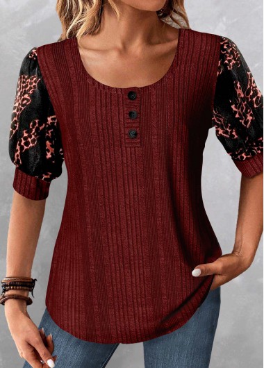 ROTITA Patchwork Leopard Wine Red Scoop Neck Blouse