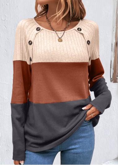 ROTITA Button Dark Coffee Round Neck T Shirt