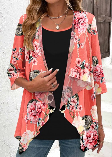 ROTITA Fake 2in1 Floral Print Peach Red Blouse