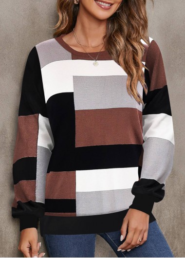 ROTITA Patchwork Geometric Print Dark Coffee Round Neck Sweatshirt