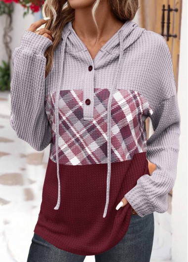 ROTITA Button Plaid Wine Red Long Sleeve Hoodie