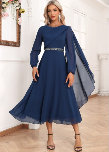 ROTITA Asymmetry Navy Boat Neck Long Sleeve Dress