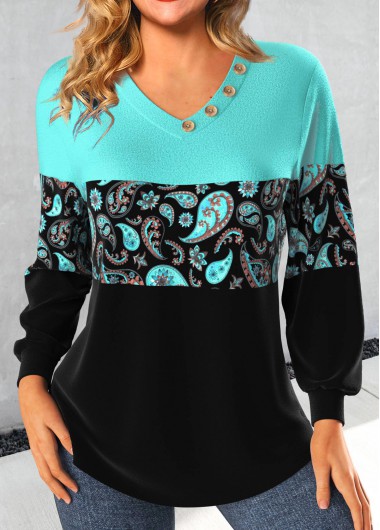 ROTITA Patchwork Paisley Print Mint Green V Neck Sweatshirt