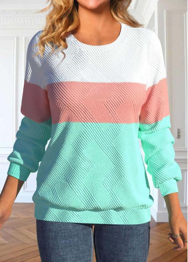 ROTITA Patchwork Light Pink Round Neck Long Sleeve Sweatshirt