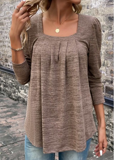 Pleated Square Neck Long Sleeve Light Coffee T Shirt
