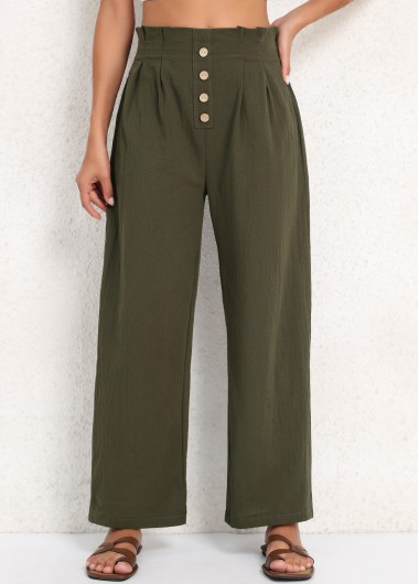 Button Olive Green Elastic Waist High Waisted Pants