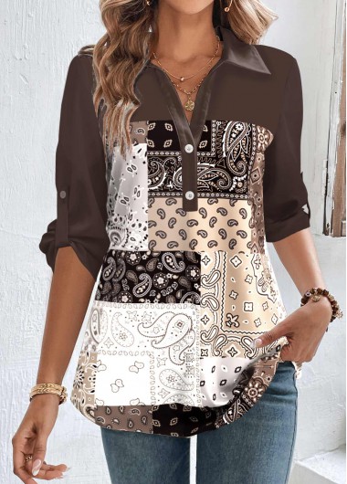 ROTITA Button Tribal Print Dark Coffee Shirt Collar Blouse