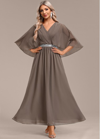 ROTITA Surplice Gray Brown Maxi V Neck Half Sleeve Dress