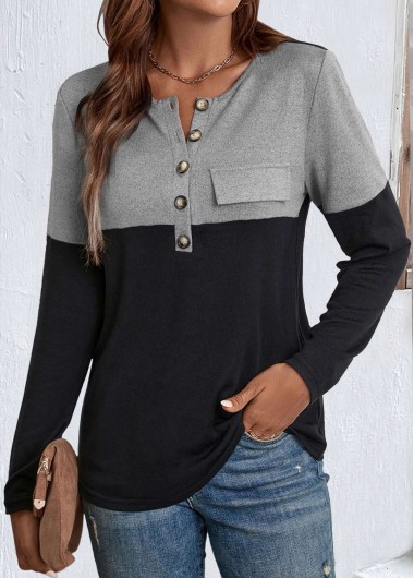 ROTITA Patchwork Black Split Neck Long Sleeve Blouse