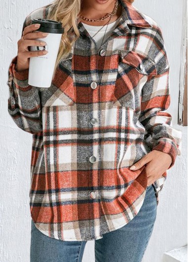ROTITA Pocket Plaid Orange Shirt Collar Long Sleeve Blouse