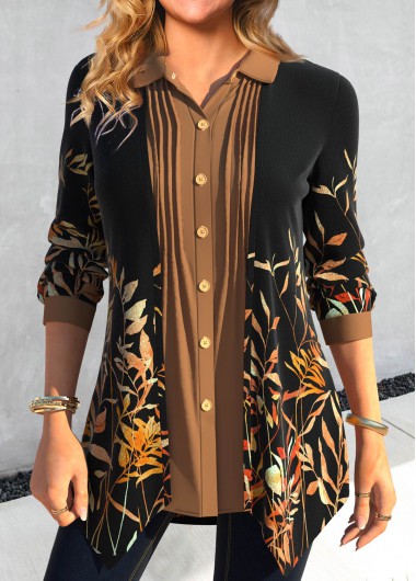 ROTITA Fake 2in1 Leaf Print Black Shirt Collar Blouse