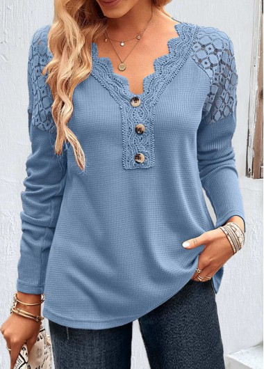 ROTITA Lace Patchwork Dusty Blue V Neck T Shirt