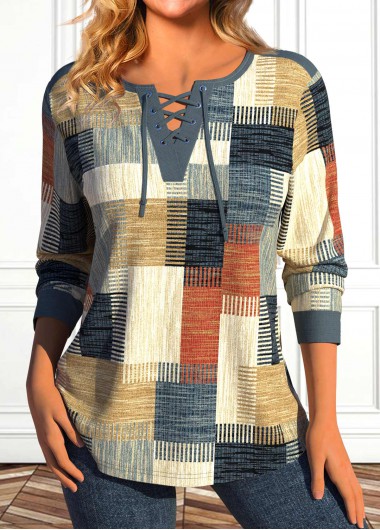ROTITA Lace Up Geometric Print Multi Color T Shirt