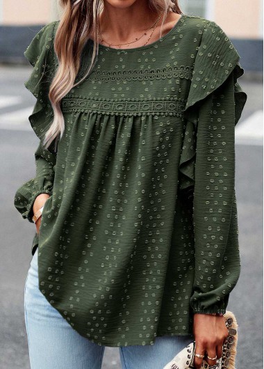 Ruffle Olive Green Round Neck Long Sleeve Blouse