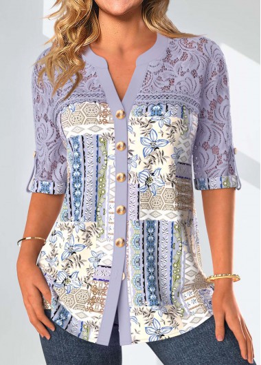ROTITA Patchwork Dusty Purple Split Neck Blouse