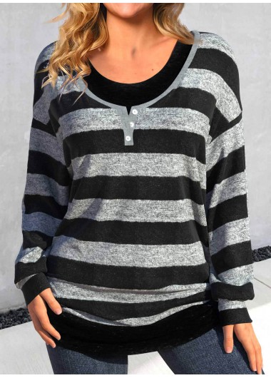 ROTITA Fake 2in1 Striped Black Scoop Neck T Shirt