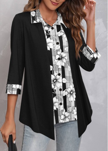 ROTITA Fake 2in1 Floral Print Black Shirt Collar Blouse