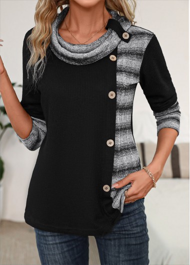 ROTITA Patchwork Striped Black Cowl Neck Long Sleeve Sweatshirt