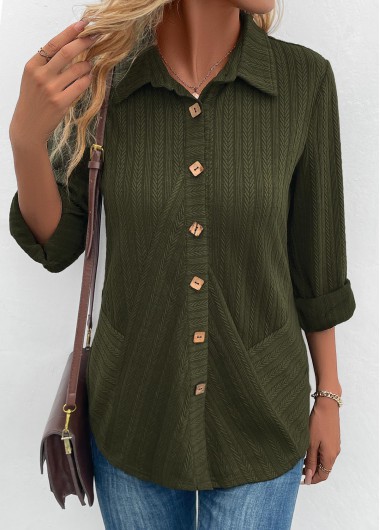 ROTITA Patchwork Olive Green Shirt Collar Long Sleeve Blouse