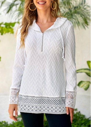 ROTITA Lace Drawstring White Long Sleeve Hoodie