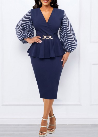 ROTITA Ruffle Geometric Print Navy V Neck Bodycon Dress