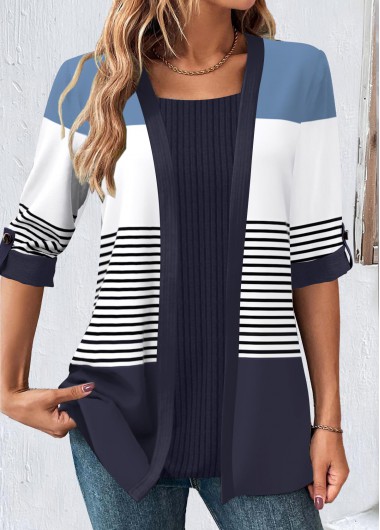 ROTITA Patchwork Striped Navy Square Neck T Shirt