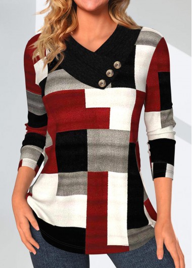 ROTITA Patchwork Geometric Print Wine Red Asymmetrical Neck Sweatshirt
