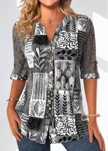 ROTITA Lace Leaf Print Dark Grey Split Neck Blouse