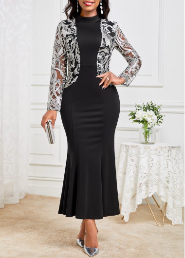 ROTITA Lace Black Round Neck Long Sleeve Dress