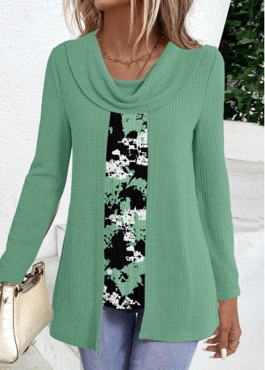 ROTITA Patchwork Graffiti Print Green Draped Neck T Shirt