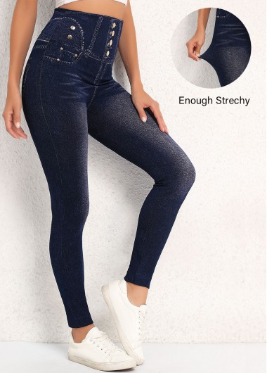 Denim-effect Print Denim Blue High Waisted Leggings