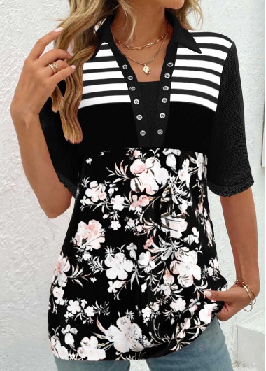 ROTITA Patchwork Floral Print Black Half Sleeve T Shirt