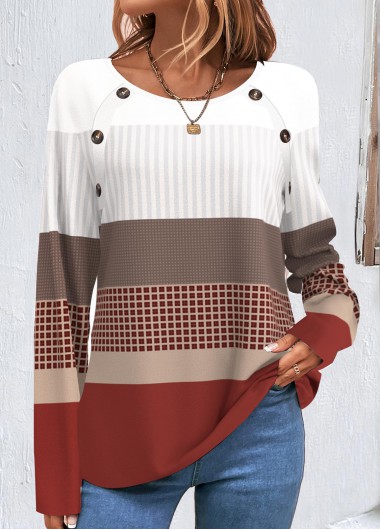 ROTITA Patchwork Geometric Print Wine Red Round Neck Sweatshirt