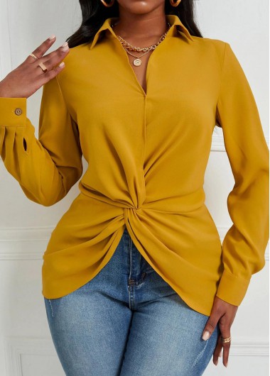 ROTITA Twist Ginger Shirt Collar Long Sleeve Blouse